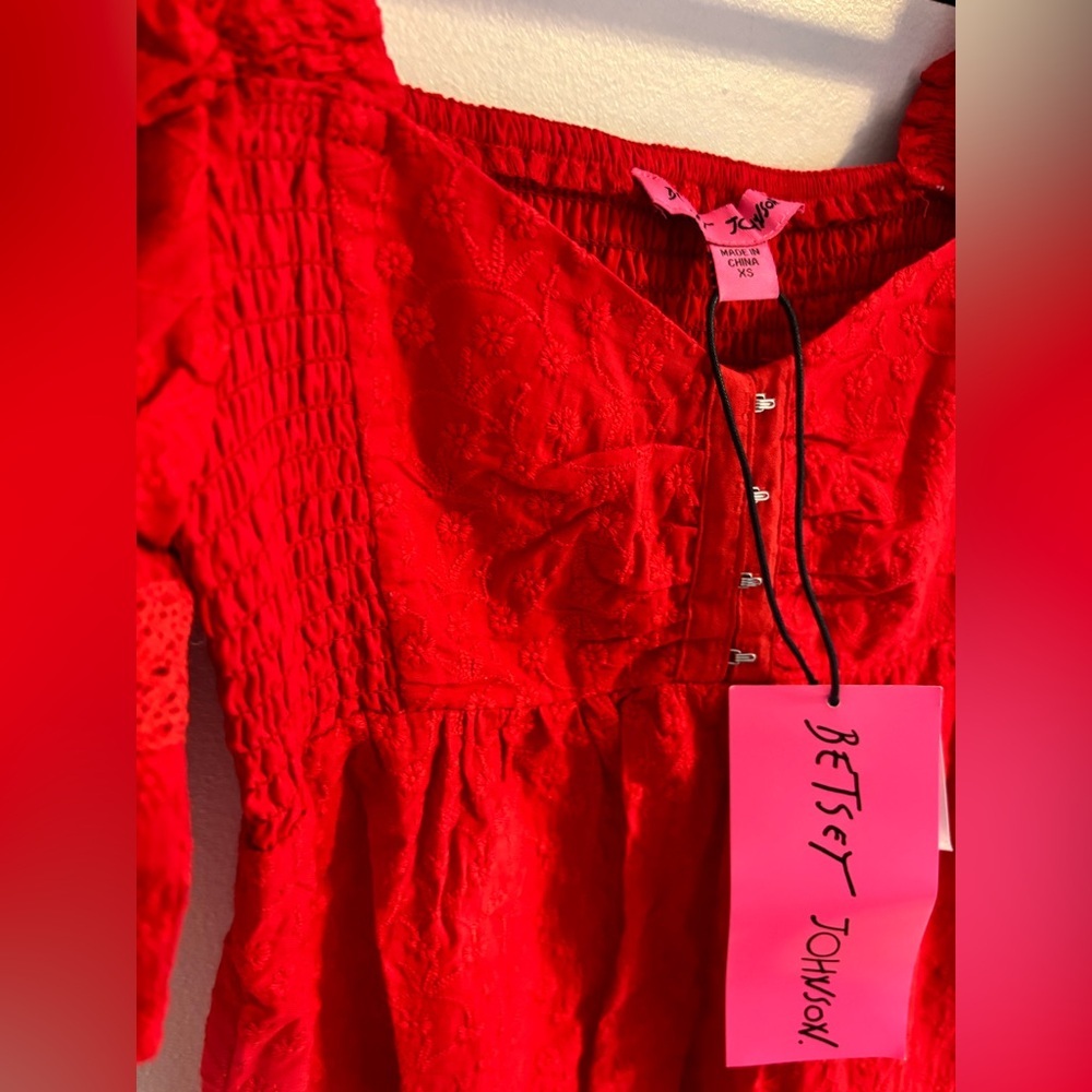 Betsey Johnson Hook Front Embroidered  Cotton Tiered Mini Dress - Picture 8 of 10